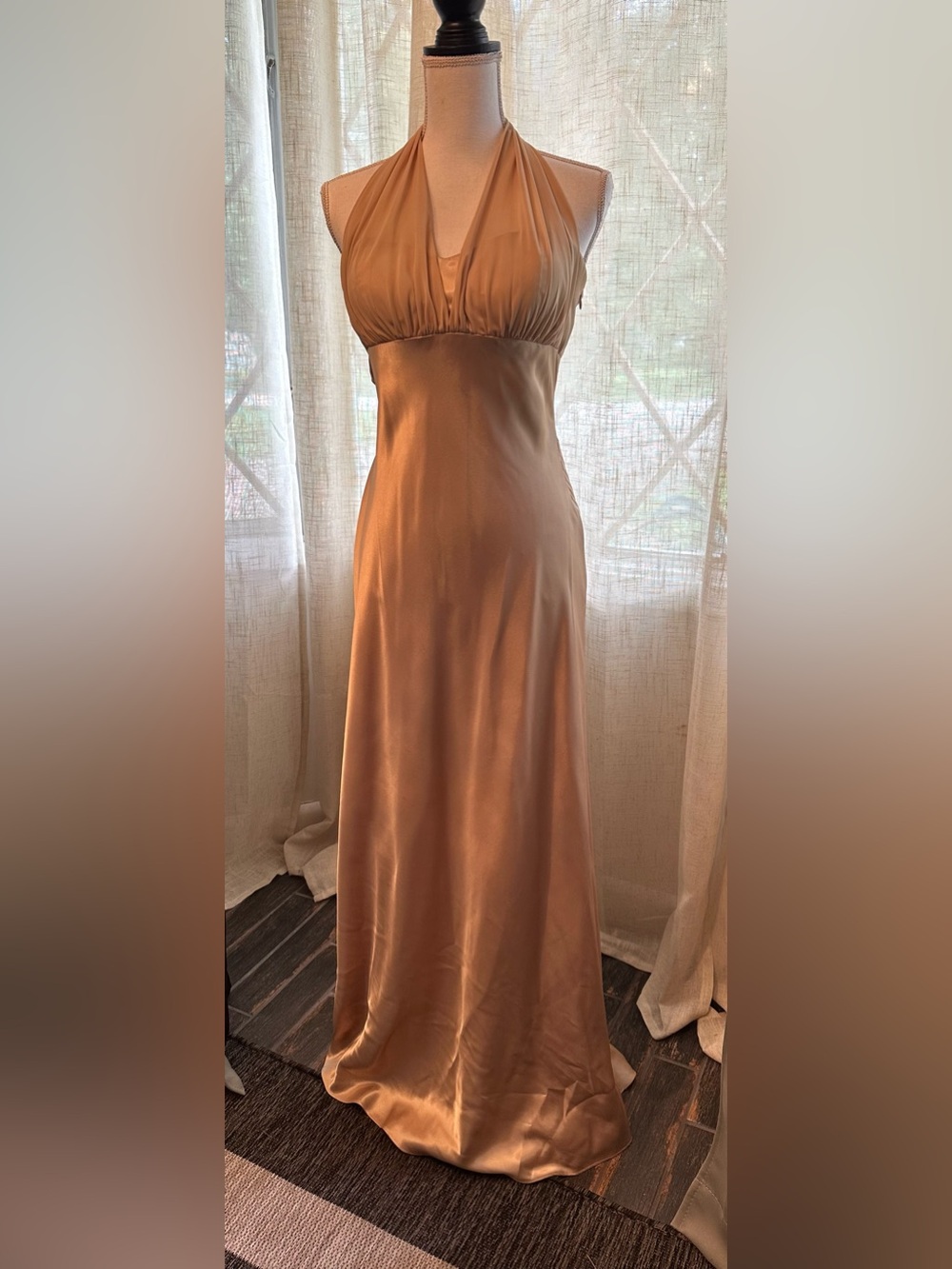 Homecoming dress: David's Bridal Champagne Halter Satin formal Dress